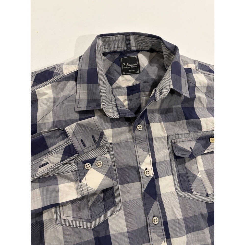 High End 7 Diamonds Mens Western Shirt Blue Plaid Sz Med Wrinkle Resistant